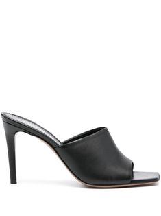 black calf leather smooth grain square open toe front strap branded leather insole 95mm high stiletto heel leather sole slip-on style Open Toe Calf Leather Mules For Work, Evening Mules With Padded Heel In Calf Leather, Evening Calf Leather Mules With Padded Heel, Calf Leather Mules With Padded Heel For Evening, Sleek High Heel Mules With Branded Insole, Sleek Calf Leather High Heel Sandals, Sleek High Heel Calf Leather Sandals, Classic Open Heel Mules With Padded Heel, Sleek Calf Leather Sandals With Padded Heel