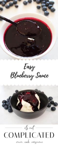 blueberry sauce in a bowl with berries around it and text overlay that reads easy blueberry sauce