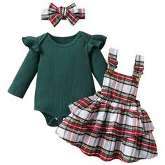 PRICES MAY VARY. Material: Cotton Blend, Ribbed Knitted Fabric, Soft, Warm and Comfortable Relax Crew Neck, Fashion Ruffle Long Sleeves,Comfy Basic Plain Cotton Romper Bodysuit Shirt Tops; Metal Buttons with Adjustable Strap,Classic Plaid Overall Dress Ruffle Double Layered Skirt, Newborn Baby Girls Cute Fall Winter Long Sleeve Rompers and Skirt Dress Christmas Clothes Outfits with Headband 3 Piece Sets 2 Colors: Green Plaid, Red Plaid; Season: Fall, Winter, Spring Size: 0-3 Months, 3-6 Months, Plaid Overall Dress, Plaid Skirt Set, Overall Skirt, Girls Christmas Outfits, Christmas Clothes