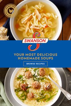 the cover of swans'your most delicious homemade soups, featuring pasta and meatballs