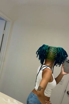 Hair Dye Ideas Locs, Dyed Hair Two Colors, Dyed Locs Inspiration, Hair Color Ideas Locs, Peekaboo Hair Color Locs, Loc Starter Styles, Blue And Green Locs, Green And Blonde Hair, Dyed Locs Black Women