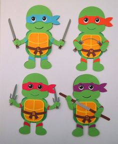 cutouts of teenaged ninja turtles with swords