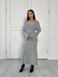 Grey Stunning off the shoulders knitted dress. A-Line knit sweaterdress maxi length. Floor warm winter dress for women. Material: 50% cotton, 50% viscose Colours: Grey, Black SIZE/LENGTH: XS-S 125 cm S-M-125cm L-XL-125 cm The material is stretchy Model on the Foto  168cm-66,14'', S size PRODUCT CARE  - It is recommended to handwash 30oC. -twist carefully  Feel Free to Ask Any Question about Sizing and Fit. FREE DELIVERY WORLWIDE! Winter Dress For Women, Warm Winter Dresses, Women Silk Dress, Warm Dress, Matching Skirt Set, Wool Knitted Dress, Boho Hippie Dress, Dress Trendy, Ankle Dress