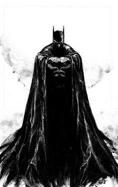 a black and white drawing of a batman standing in the clouds with his cape open