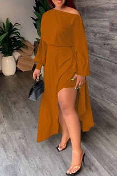 Brown Casual Solid Patchwork Asymmetrical Oblique Collar Dresses Collar Dresses, Solid Dress Casual, Long Sleeve Turtleneck Dress, Asymmetrical Hem Top, Look Casual Chic, Long Sleeve Dresses, Top And Pants Set, Patchwork Dress, Hip Dress