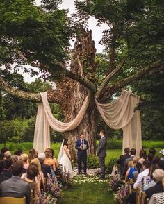 a bride and groom standing at the end of their wedding ceremony under an old tree