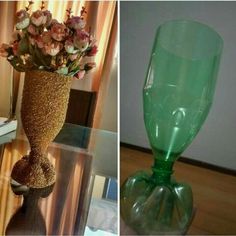 there are two different vases with flowers in them on the same table and one is empty