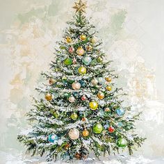 a painting of a christmas tree with ornaments on it's branches and snow covered ground