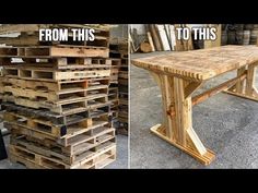 two pictures side by side one shows a wooden table and the other shows wood pallets stacked on top of each other