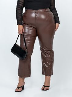 Pants  Princess Polly Curve  Faux leather material  This product is PETA-Approved Vegan  Lovisa is wearing a size US 18 / AU 22    High waisted   Zip & button fastening   Belt looped waist   Twin hip pockets   Straight leg   Unlined Brown Leather Pants, Pants Brown, Fleece Dress, Sweatshirt Set, Outerwear Outfit, Loungewear Sets, Knit Sweatshirt, Casual Tank Tops, Tops Fall