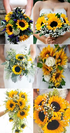 sunflowers and baby's breath flowers are arranged in the bouquet for this wedding