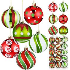 christmas ornaments are hanging from the ceiling and in different colors, shapes, and sizes