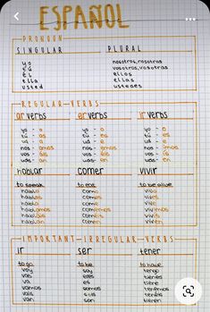 an orange and white poster with spanish words on it's side, in front of a sheet of lined paper