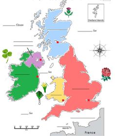 a map showing the locations of different countries in england and ireland, with flowers on each side