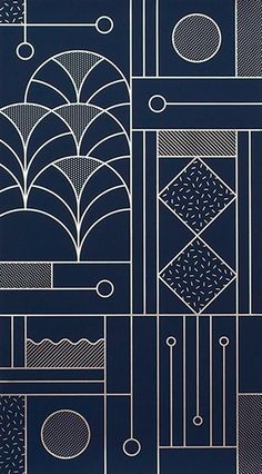 an art deco wallpaper design in navy blue and white, with geometric shapes on it