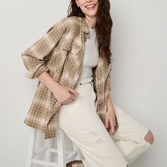 Cut for an oversized-fit, this flannel button-down shirt from Arizona's junior's and women's collection is an ode to '90s grunge styling with a new trend twist. It's made from a lightweight cotton twill and has a spread collar, flap chest pockets, long sleeves, and a curved hem. Wear it over a crop top with high-rise jeans and boots.Closure Type: ButtonFit: Oversized FitPockets: 2 Chest Flap PocketsSleeve Length: Long SleeveSleeve Style: Cuffed SleeveApparel Length: 29 InchesFiber Content: 100%… Oversized Spring Button-up Flannel Shirt, Oversized Button-up Flannel Shirt For Spring, Oversized Flannel Spring Tops, Spring Oversized Flannel Top, Oversized Flannel Top For Spring, Oversized Casual Flannel Shirt, Oversized Flannel Button-up Tops, Casual Button-up Flannel Shirt For Fall, Flannel Shirt For Everyday Spring Wear