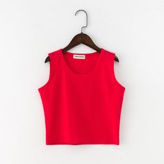 Summer Crew Neck Solid Color Crop Top, Summer Crew Neck Crop Top In Solid Color, Stretch Solid Color Crop Tank Top, Stretch Crop Top Tank In Solid Color, Stretch Crop Tank Top, Summer Cropped Solid Color Tank Top, Red Sleeveless T-shirt For Spring, Solid Color Camisole Tops For Spring, Cropped Solid Color Tops For Summer