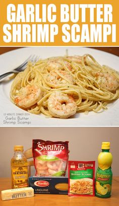 garlic butter shrimp scamp recipe on a plate with pasta and seasoning next to it