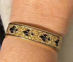 Beautiful antique bracelet!  It is 1/2" wide and 6" inside round.  It weighs 21.6 grams. Signed P B & K. Condition is excellent. Victorian Bracelet Antique, Victorian Bracelet, Antique Bracelets, Providence Ri, Jewellery Designs, Black Enamel, Gold Black, Bangle Bracelet