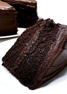 two slices of chocolate cake sitting on top of a white plate next to each other