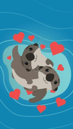 two sea otters floating in the water surrounded by hearts