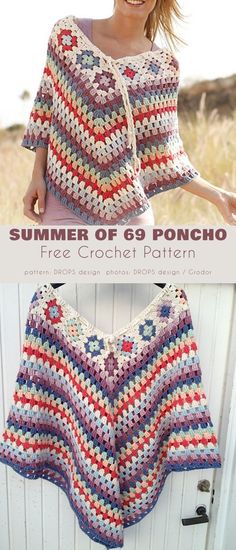 a woman wearing a crocheted poncho with text that reads, summer of go poncho free crochet pattern