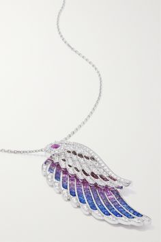 Inspired by colorful plumage, Garrard's 'Birds of Paradise' necklace is strung with two wing-shaped pendants, both decorated in beautiful diamonds and multicolored sapphires. It's made from 18-karat white gold and has an adjustable, jewel encrusted slider to create the perfect drop. Bird Of Paradise Necklace, Luxury Sapphire Diamond Pendant Necklace, Luxury Sapphire And Diamond Necklace In Silver, Sapphire Platinum Jewelry With Pave Setting, Luxury Sapphire Pendant Necklace, Diamond White Sapphire Pendant Necklace, Luxury Sapphire Necklace With Diamond, Silver Sapphire Necklace With Single Cut Diamonds, Exquisite Silver Sapphire Necklaces