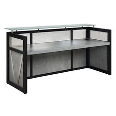 an office desk with glass top and metal frame, in black finish on white background