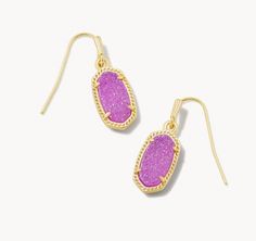 Our classic oval shape goes dainty in the Lee Gold Drop Earrings in Mulberry Drusy, a subtle take on a signature style. These Gold drop earrings are perfect for everyday wear, adding a touch of elegance to any outfit. We're certain that our Lee Gold Drop Earrings will become a staple piece in your jewelry box. Metal 14k Gold Over Brass Material Mulberry Drusy Closure Earwire Size 0.67"L X 0.38" W   Due to the one-of-a-kind nature of the medium, exact colors and patterns may vary slightly from the image shown. Unique Gift Items, Gold Drop Earrings, Brass Material, Staple Pieces, Kendra Scott, Signature Style, Gift Item, Oval Shape, Jewelry Box