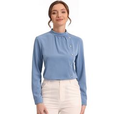 A pleated neck adds pretty polish to this long-sleeved top that's forever charming. Suitable for spring/autumn and many occasions, such as office, work, business, and meetings. This blouse in solid color comes with a classic design that is a staple in any office wardrobe. Pair it with matching pants, jeans, a pencil skirt, and heels for a sophisticated day-night look. Pleated Neck, Office Blouse, Office Wardrobe, Button Decor, The Office Shirts, Grey Outfit, Vintage Blouse, Black Velvet Dress, Women Outfit