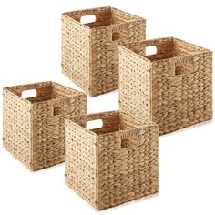 set of four woven storage baskets with handles in natural color, 4x4 inches