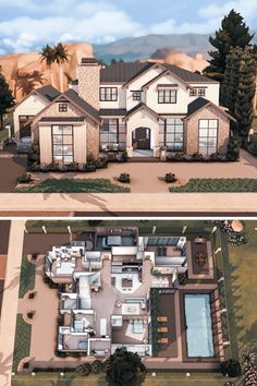 this is an aerial view of a house and its surroundings are shown in two different views