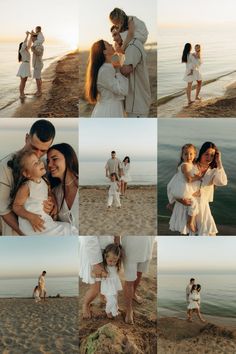 a collage of people on the beach with one woman holding a child and two men standing in front of them