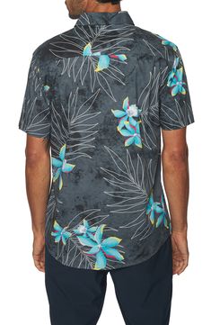 Vibrant tropical blooms enliven this short-sleeve shirt crafted from easy-moving stretch cotton. 30" length; 44 1/2" chest Spread collar Short sleeves 98% cotton, 2% elastane Machine wash, tumble dry Imported Short Sleeve Flannel, Flannel Shorts, Slim Fit Shorts, Floral Short, Spring Shirts, Slim Fit Shirt, Short Sleeve Button Up, Men Short Sleeve, Stretch Cotton