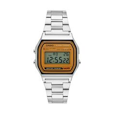 Take a step back to a cooler time when you strap on this awesome retro-inspired men's digital Casio watch.FEATURES Calendar: day & date 5 daily alarms 12/24-hour formats Chronograph DISPLAY Dial color: orange Illumination: LED backlight Face cover material: acrylic CASE Material: silver-tone metal with stainless steel screw-down back Diameter: 33 mm BAND Material: stainless steel Clasp: sliding security Circumference: adjusts from 140 mm to 228 mm Width: 22 mm DETAILS Movement: quartz Power: Classic Digital Watch With Stopwatch For Outdoor, Classic Outdoor Digital Watch With Stopwatch, Retro Watch Accessories With Analog Display, Vintage Watches With Analog Display For Outdoor, Vintage Outdoor Watches With Analog Display, Vintage Outdoor Watch With Analog Display, Casio Digital, Mens Digital Watches, Digital Watch