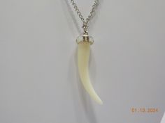 Vintage faux Mother of Pearl faux tusk necklace. 18" chain with lobster claw fastener. Faux tusk is 1 1/2"L with opalescent rhinestones at the top. Excellent vintage condition. Tusk Necklace, Crystal Heart Pendant, Vintage Bride, Vintage Crystal, Crystal Heart, Heart Pendant Necklace, Lobster Claw, Pendant Necklaces, Heart Pendant