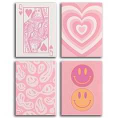 four pink and white cards with hearts, two smiling faces and one holding a heart