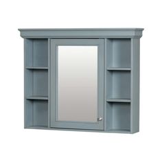 a blue shelf with a mirror and shelves on the wall in front of white background