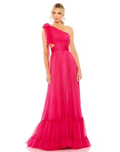 Tiered One Shoulder Ruched Gown Mac Dougal Dresses, Mac Duggal Prom, Ruched Gown, Designer Formal Dresses, Skirt Asymmetrical, One Shoulder Prom Dress, Silk Chiffon Fabric, Prom 2024