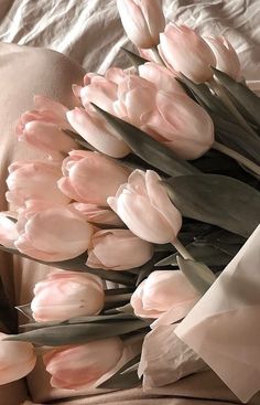 a bouquet of pink tulips on a bed