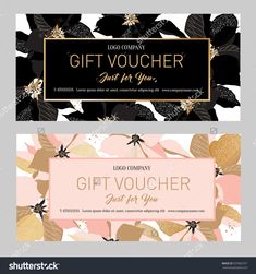 two gift voucher cards with gold foil flowers on pink and black floral background, one is