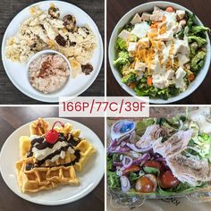 four different pictures of food including waffles, salad and chicken with dressing on them