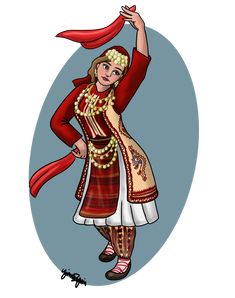 a drawing of a woman dressed in traditional clothing and holding a red scarf over her head