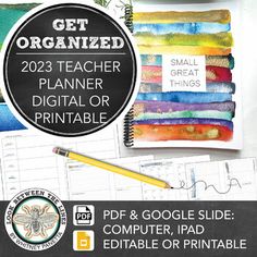 the teacher planner and digital or printable notebooks are on display in front of a blackboard