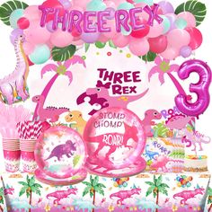 PRICES MAY VARY. 🦖 THE BEST THIRD DINOSAUR PARTY – Kids of all ages love dinosaurs. So, planning the perfect party with a dinosaur theme is a fantastic way to celebrate your daughter's third birthday! The elements of dinosaurs and pink features are dreamy and perfectly match your party. Welcome to the pink dinosaur world. 🍃 THREE REX BIRTHDAY PARTY DECORATIONS INCLUDES - 42 x 12’’ latex balloons | 12 x 5’’ latex balloons | 4 x artificial leaves | 11 x foil balloons | 1 x backdrop | 1 x tablecl Three Rex Birthday Party Girl, Dinosaur 3rd Birthday Party, Three Rex Birthday Party, Dinosaur 3rd Birthday, Garland Leaves, Three Rex Birthday, Third Birthday Girl, Girl Dinosaur Birthday, Girls 3rd Birthday