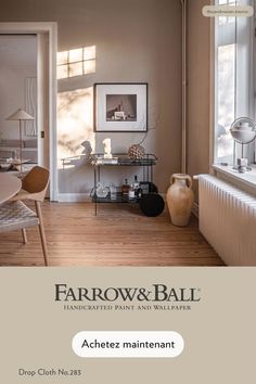 an advertisement for farrow & ball featuring furniture and decor in shades of brown, beige and white