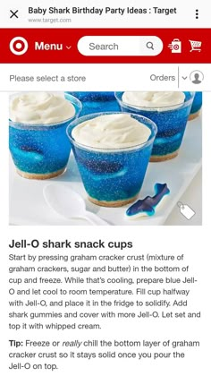 an email page for baby shark birthday party with blue and white cupcakes on it