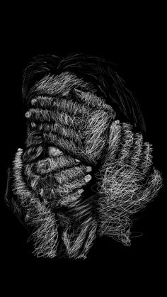 a black and white drawing of a woman's face with her hands covering her face