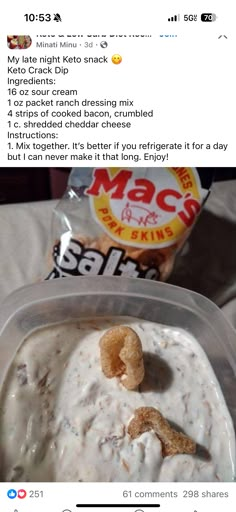 a plastic container filled with food next to a bag of macaroni and cheese