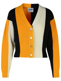 'V' neckline, contrast button closure, black, yellow and white striped patterns, ribbed hem and cuffs, leather tag on the backComposition: 40% wool, 25% viscose, 25% nylon, 10% cashmere Outfit References, Moschino Jeans, Cashmere Color, Leather Tag, Window Shopping, Striped Cardigan, Knitwear Cardigan, Baddie Outfits, Knitwear Women